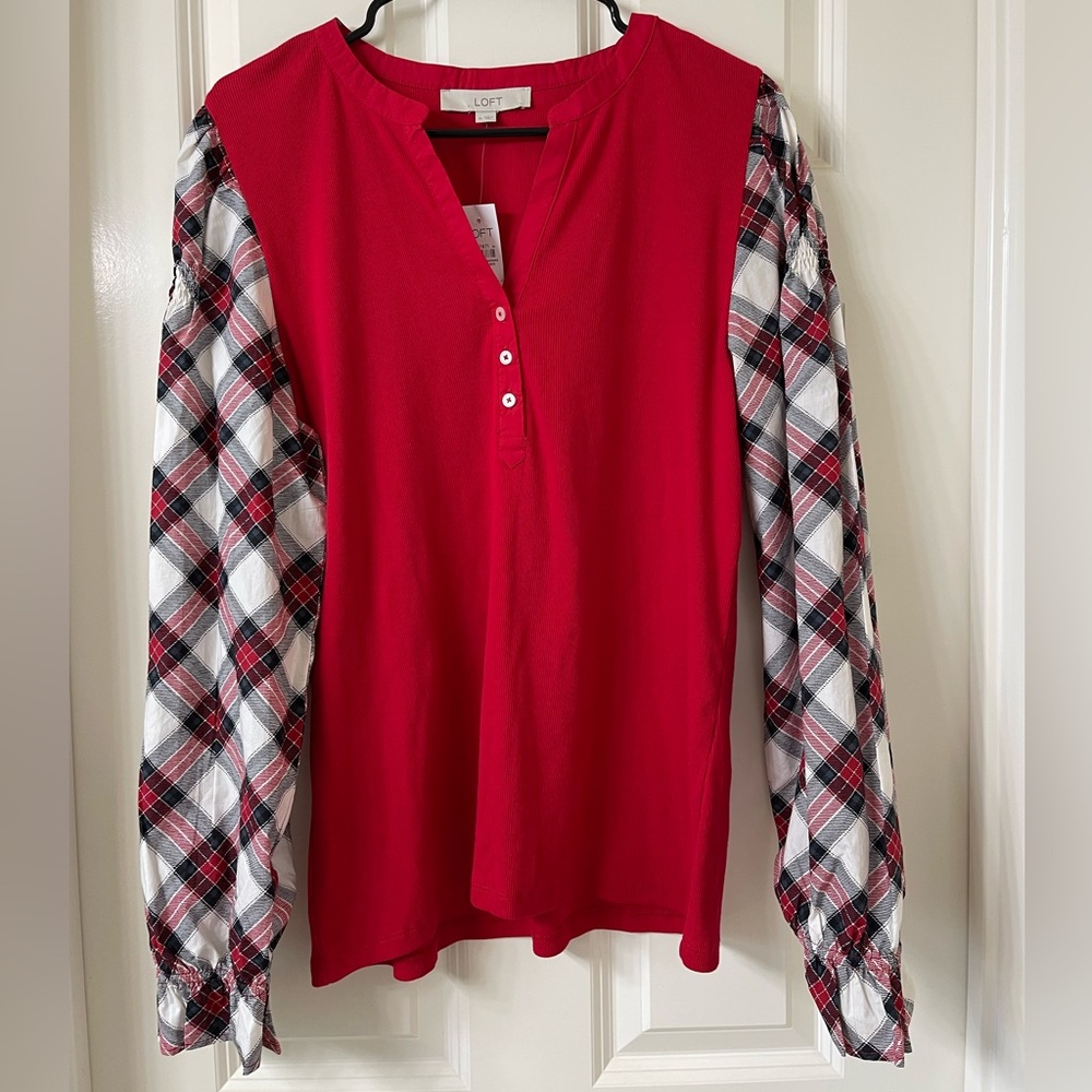 Loft - Red Plaid Sleeve Blouse XL - NWT!
